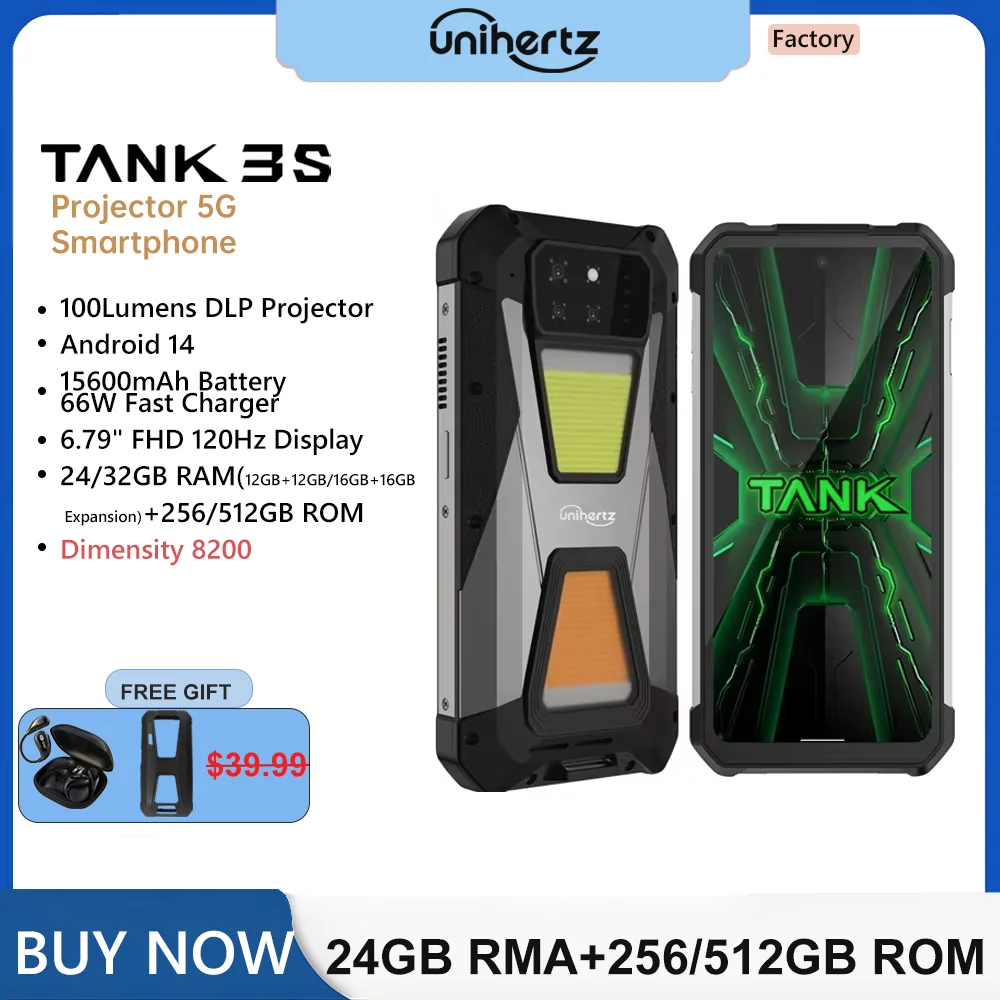 Unihertz 8849 Tank 3s Cellphone with Projector Dimension 8200, Cellphone with 120Hz Screen, 50MP, 64MP Camera, 24+256GB,32+512GB