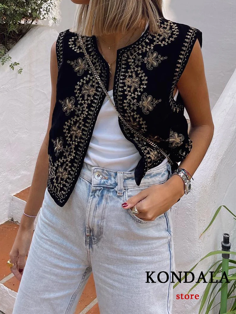 KONDALA Vintage Velvet Embroidery Vest Jackets Women V Neck Sleeveless Loose Black Waistcoats Female Fashion 2022 Mujer Tops