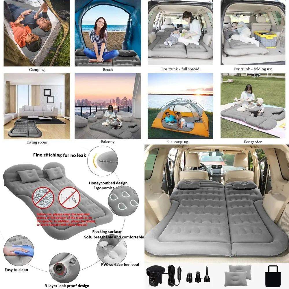 

Портативный утолщенный надувной матрас для внедорожников с насосом, улучшенная автомобильная кровать-подушка для кемпинга - серый