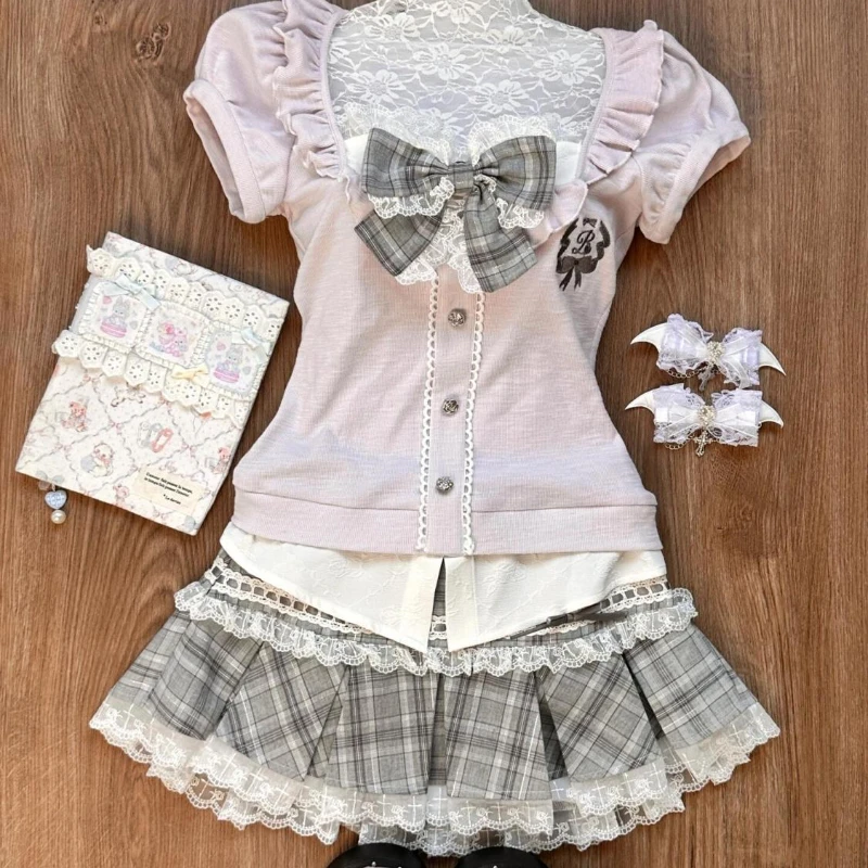 Japanese Kawaii Preppy Style Skirt Sets Women Sweet Lace Patchwork Bow Tops Y2k Plaid Mini Skirts Female Elegant Lolita Outifits