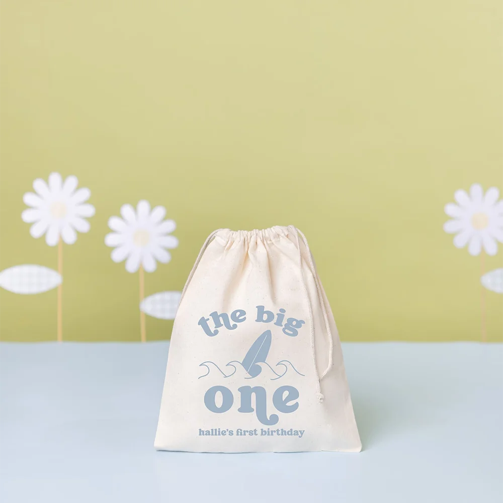 

Custom 5Pcs The Big One Favor Bag Surfing Birthday Gift Canvas Drawstring Bag Beach Birthday Party Decor Supplies Baby Shower