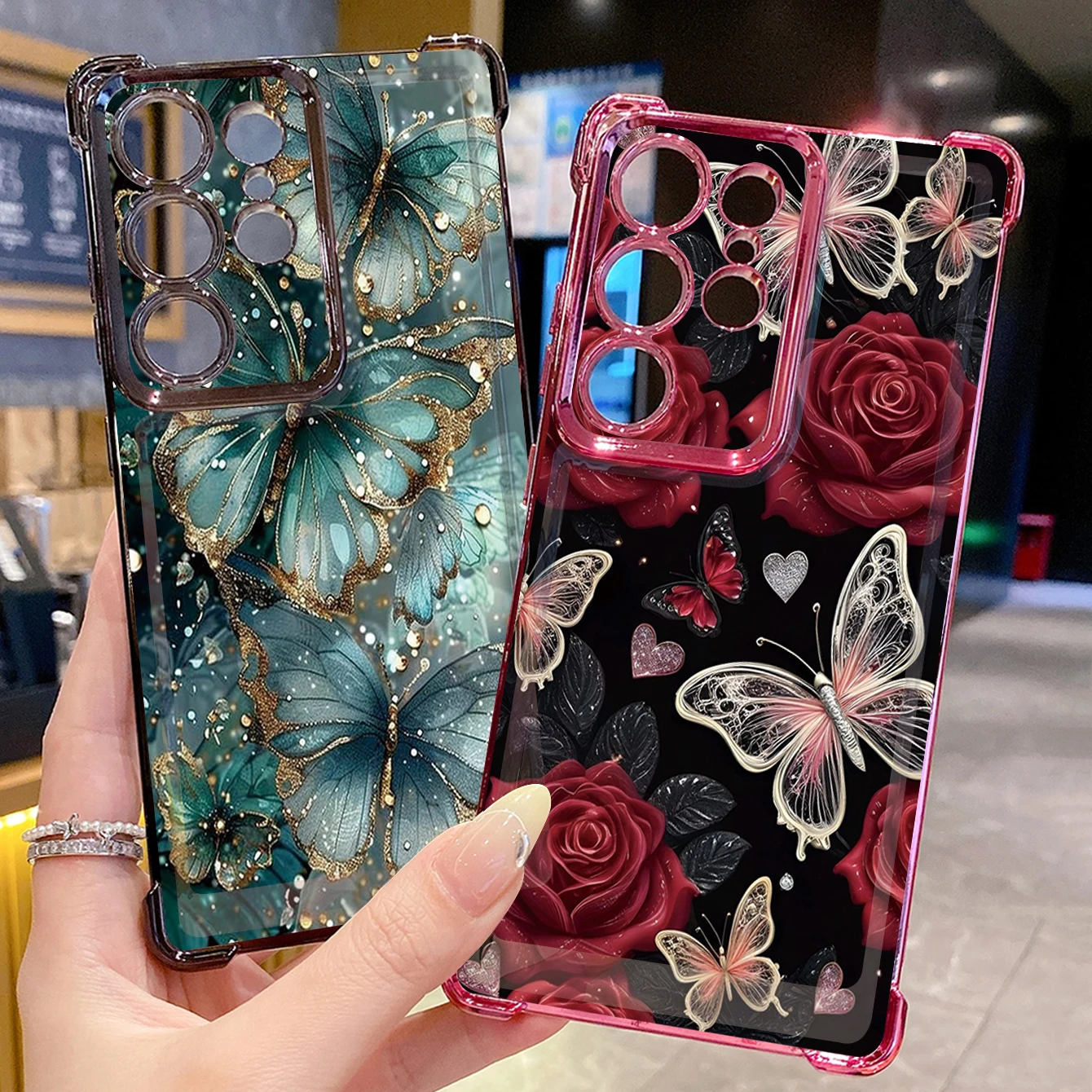 Compatible avec Samsung Galaxy S25 S24 S23 Ultra S22 Plus S21 FE S20 luxe fleur papillon clair placage étui Anti chute couverture