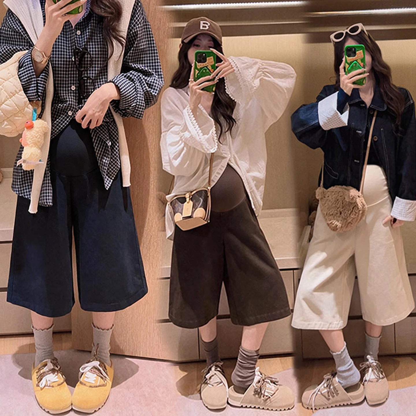 Maternity Over-Bump Wide-Leg Straight Knee-Length Shorts Sand-Washed Twill Loose Korean Casual Style for Fall/Winter Pregnancy