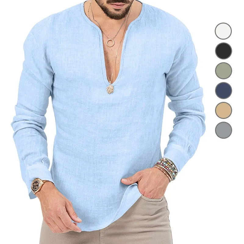 Camisa Casual de Lino, Corte Entallado, Cuello en V Profundo, Mezcla de Lino, Color Azul Claro, Manga Larga con Puños, Color Sólido, Ligera, Sin Arrugas