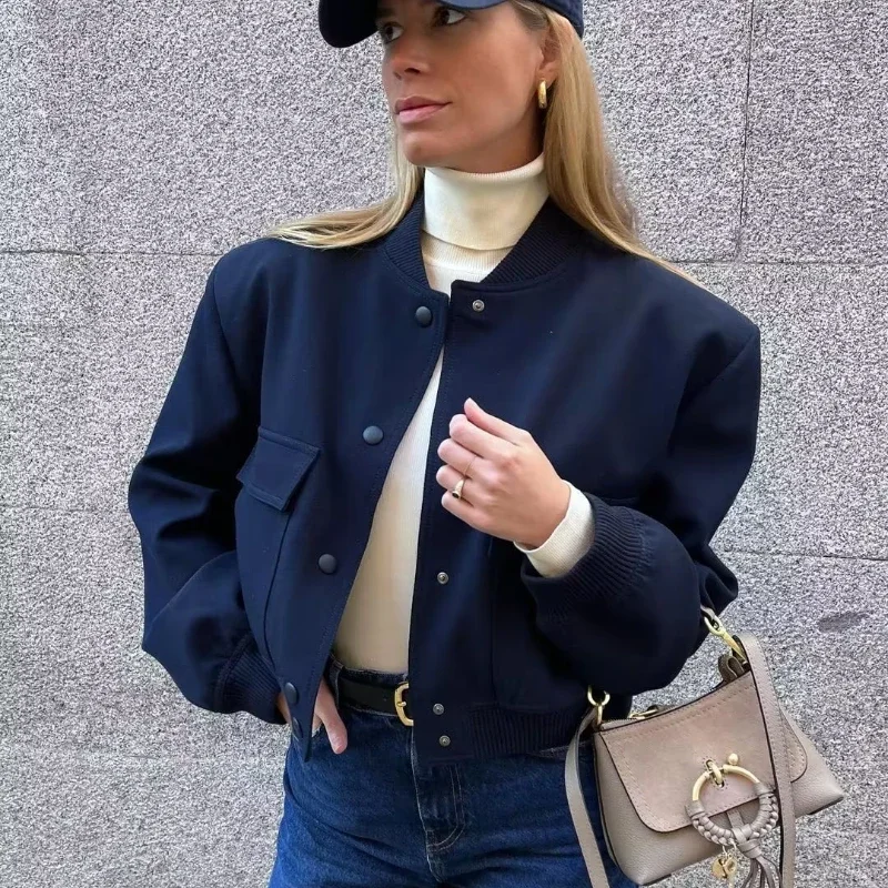 Button Baseball Cropped Jackets Woman's Elegant Solid Large Pockets Splicing Long Sleeves Loose Coat Autumn Winter New
