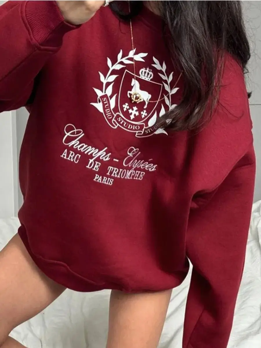 Y2K collège dame rétro Badge vin rouge sweats col rond ample automne pull à la mode tempérament femmes Preppy-style haut rétro