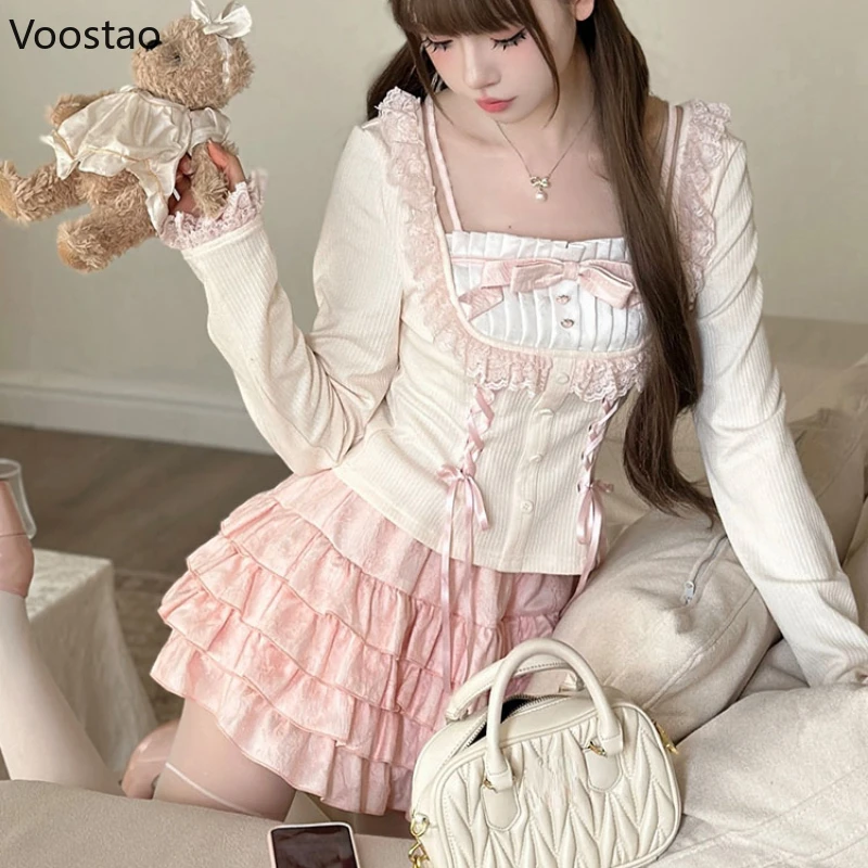 Sweet Cute Lolita Princess Skirt Sets Autumn New Bow Lace Splicing Long Sleeve Slim Tops Kawaii Cake Skirt Two Piece Set Women