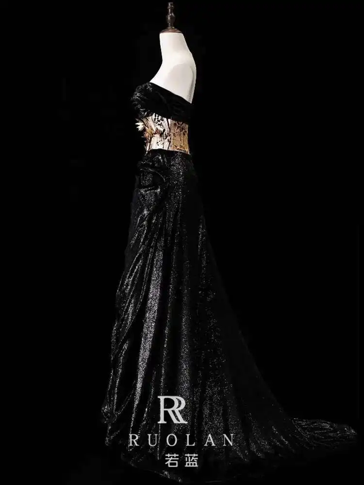 Off-Shoulder Evening Dress 2025 New High-End Luxury Niche Host Black Dress for Women Toast Dress Bride