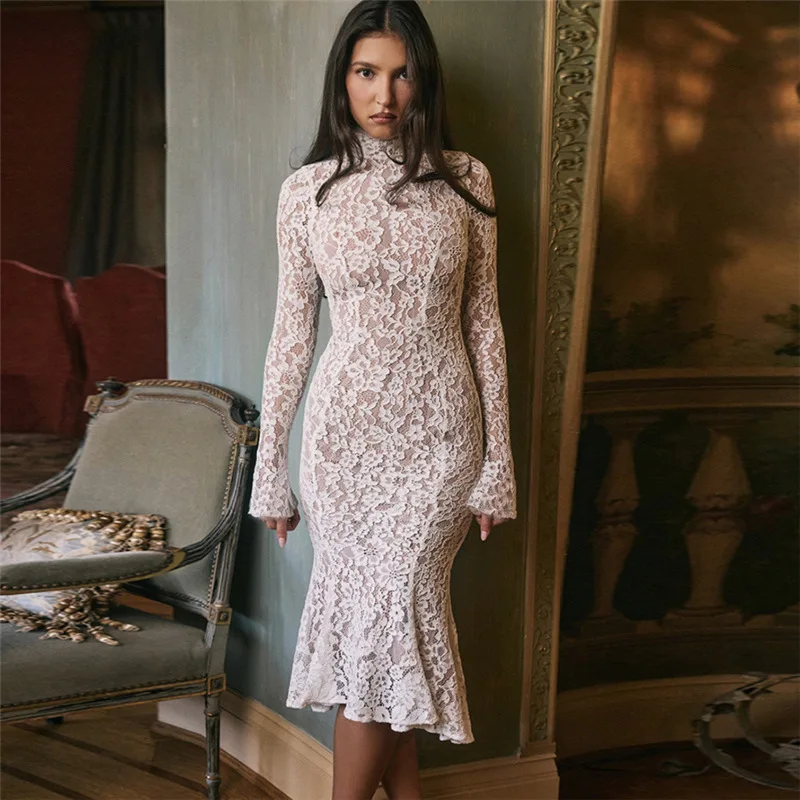 

Women's Clothing 2025 Winter New French Temperament Sexy Lace Hollow Turtleneck Long-sleeved Fishtail Dress Women