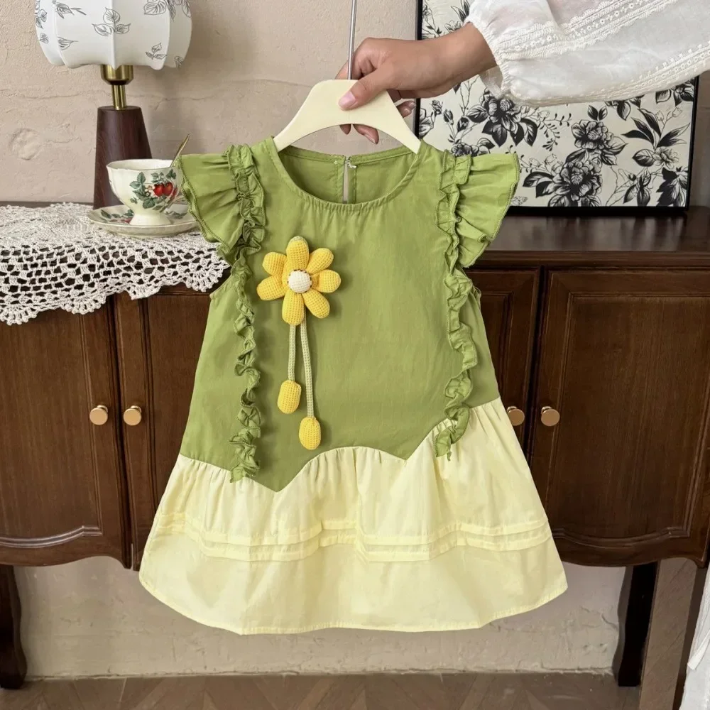 Sommer Neue Koreanische Version Patchwork Fliegen Sleeve Spitze 3D Blume Prinzessin Kleid für Geburtstag Parteien Modische Mädchen Kleidung