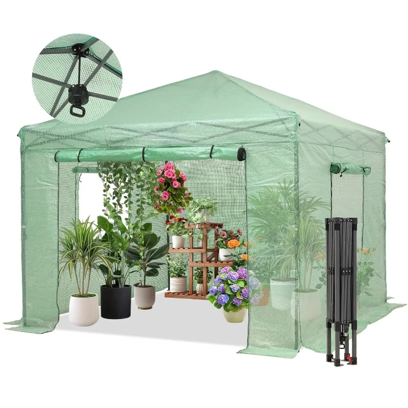 Instant pop-up greenhouse, walk-in plant gardening greenhouse with PE cover/roll-up zip door/side