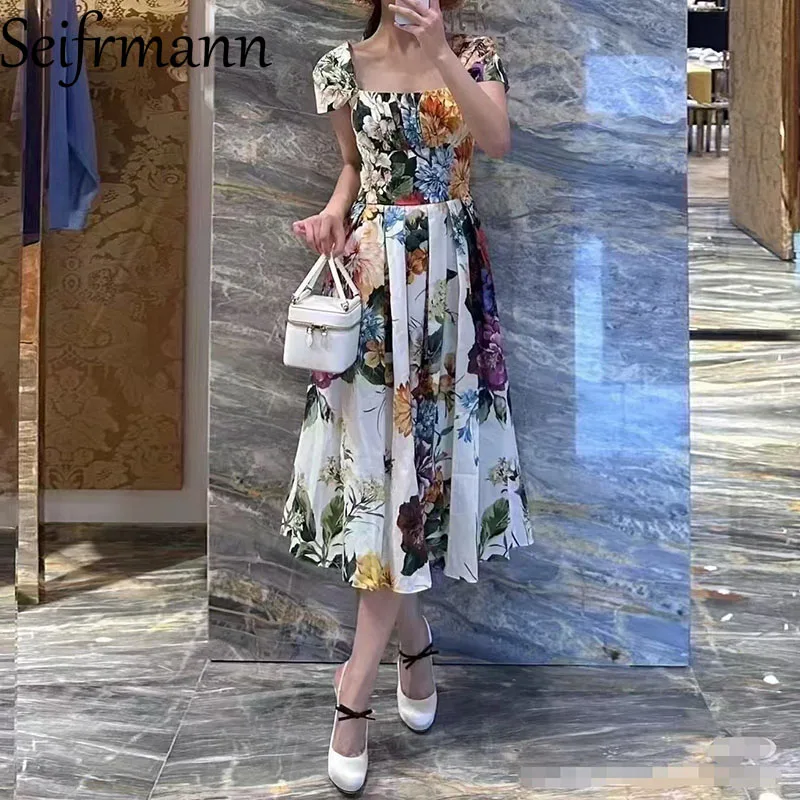 

Seifrmann Casual Holiday Style Women Dress Square-Neck Spaghetti Strap Backless Floral-Print Cotton Pleated Dresses