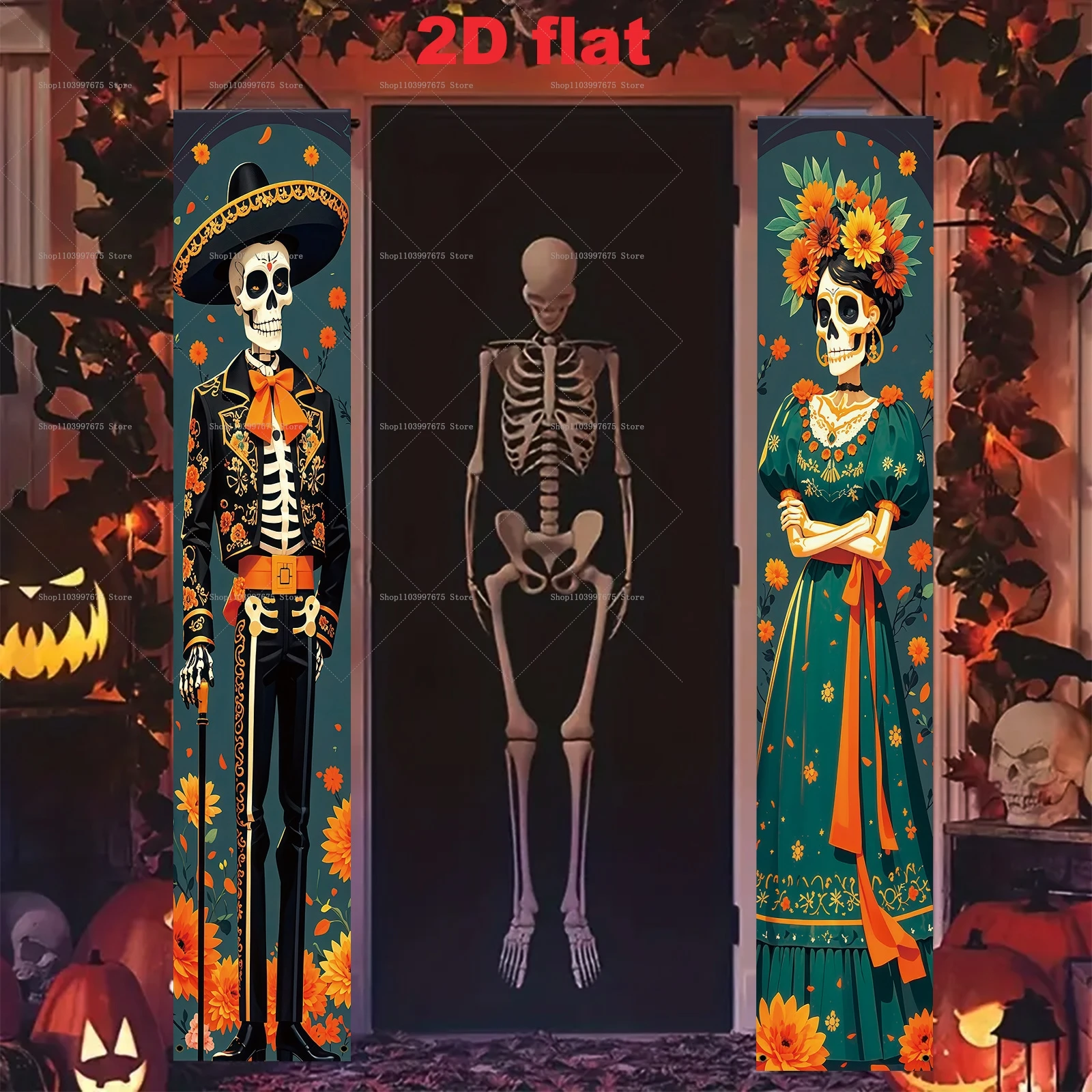 Day of The Dead Decorations Porch Signs Banners Mexican Fiesta Sugar Skull Flowers Door Banner Halloween Party Decor Supplies