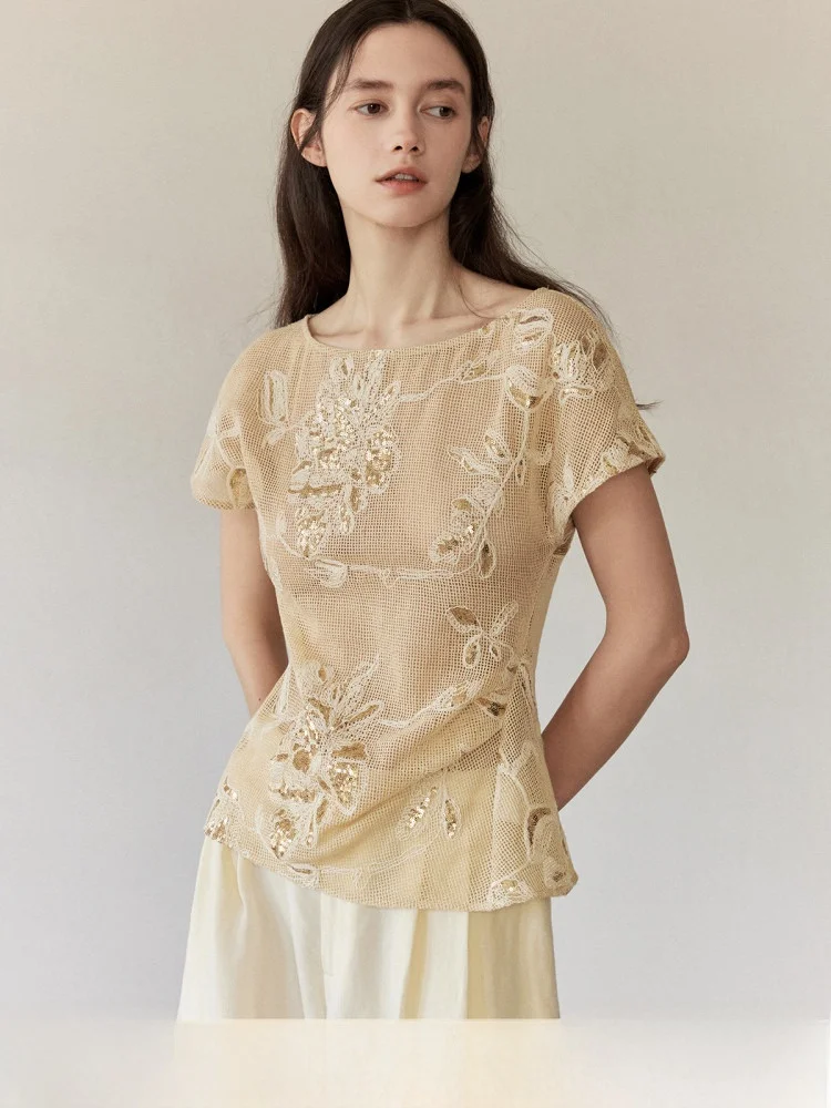 

Летняя коллекция MURMURMI: женская повседневная хлопковая футболка с вышивкой бисером, ажурным цветочным узором, свободного кроя, с рукавами-фонариками