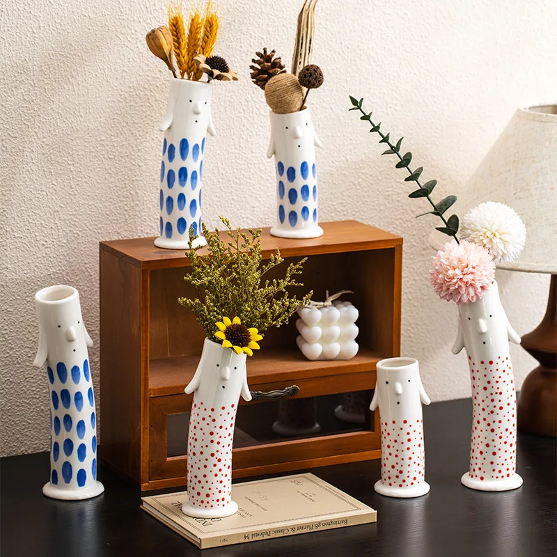 3pcs Cute Cartoon Human Figure Ceramic Vase Polka Dot Character Flower Container Desktop Fresh Dried Flower Home Decor Ornament