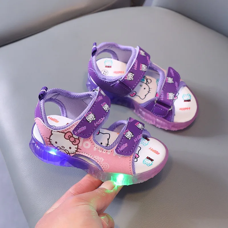 2024 Summer New Baby Led Light Girls Sandals Cute Hello Kitty Children\'s Casual Shoes Anti-slip Kids Beach Shoes Outdoor Shoes