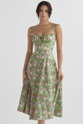 Sexy Low Cut Spaghetti Strap Maxi Dresses For Women Color Flower Printed Chest Wrap Bowknot Leace-up Long Dress Elegant Vestidos