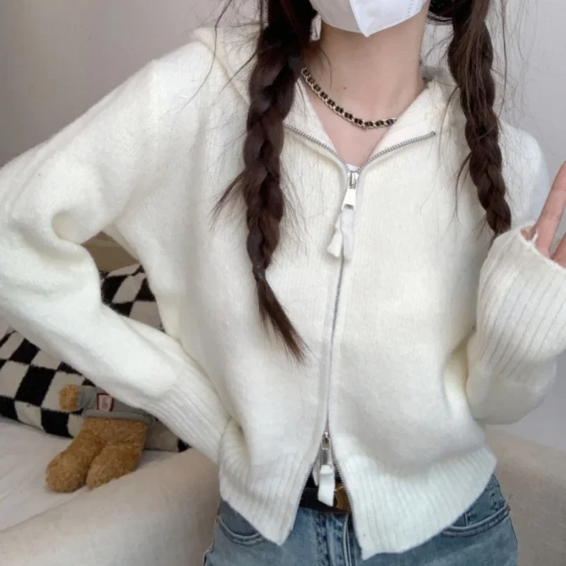 Minimalist Style Sweater Zipper Positive Shoulder Hooded Knit Cardigan Women Autumn Short Tops Jacket One Size