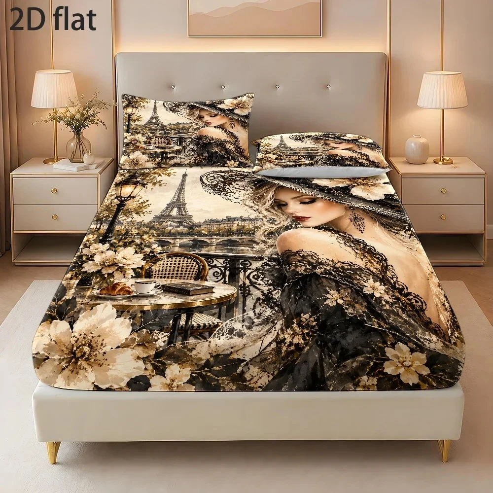 Polyester, Machine Washable, Modern Paris Eiffel Tower Romantic Style, Vintage Oil Painting Style, Printed Matte Fitted Sheet, Bedroom Printed Bed Cover, Bedding (Including Pillowcases)