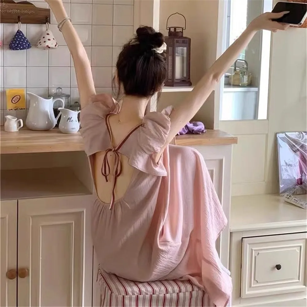 فستان نوم قطني مثير للنساء فستان صيفي ربيعي للمنزل برقبة دائرية بدون أكمام ملابس نوم طويلة