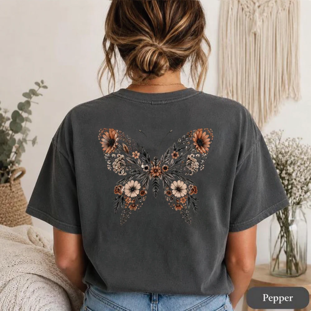 Butterfly Back Print T-Shirt Floral Butterfly Shirts Cottagecore Pressed Flower Tshirt Boho Nature Short Sleeves Casual Tops
