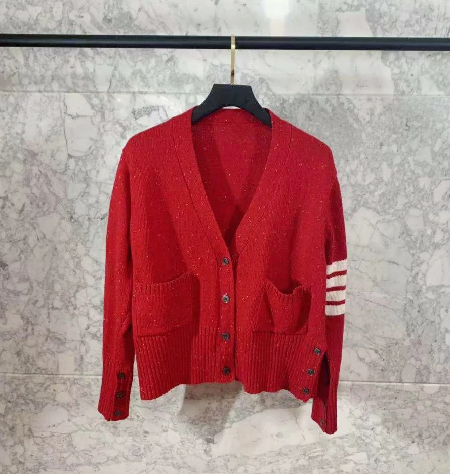 

Trendy Red Knitted Wool Sweater Women's Four Bar Christmas Style Open Cardigan Coat Nylon Fabric V-neck Button Sleeve Long