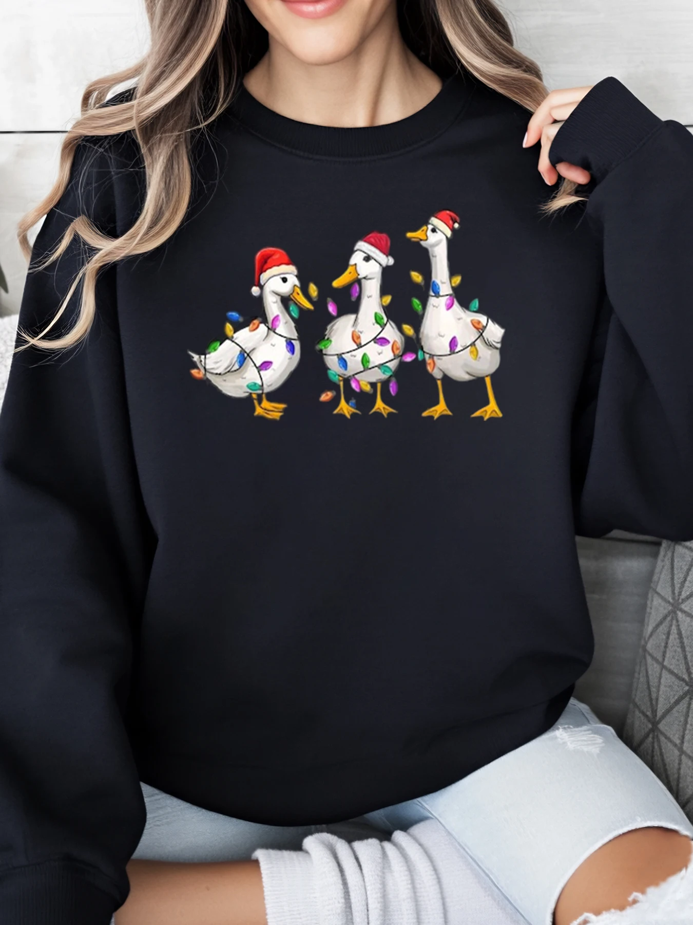 

Рождественские утки с огнями, праздничный свитшот, женская повседневная одежда, наряд для вечеринки, черный, больших размеров