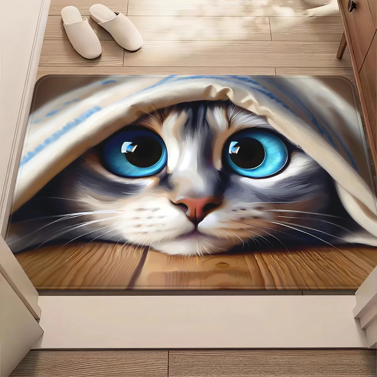 1pc Cute Tabby Cat Peeking - Non-Slip Plush Mat with White Kitten & Blue Eyes, Beige/Brown Tabby Design, Machine Washable Soft M