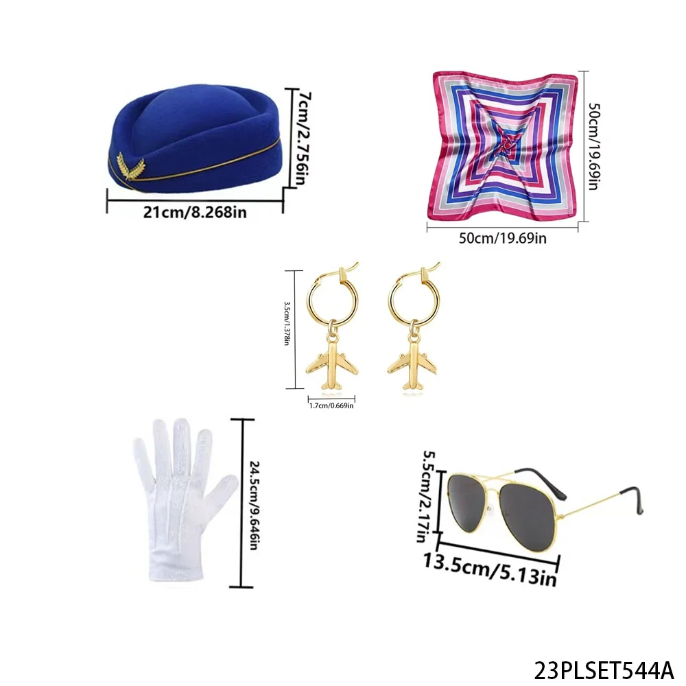 PESENAR Bluesy stewardess kostuumset badge blauwe hoed, vliegtuig oorbellen, sjaal witte handschoenen, cosplay outfit