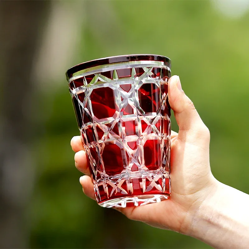 Red Handmade Highball Glass - Modern Cut Crystal Cocktail Tumbler - Art Glass for Whiskey, Iced Tea, Juice - 300ml 6