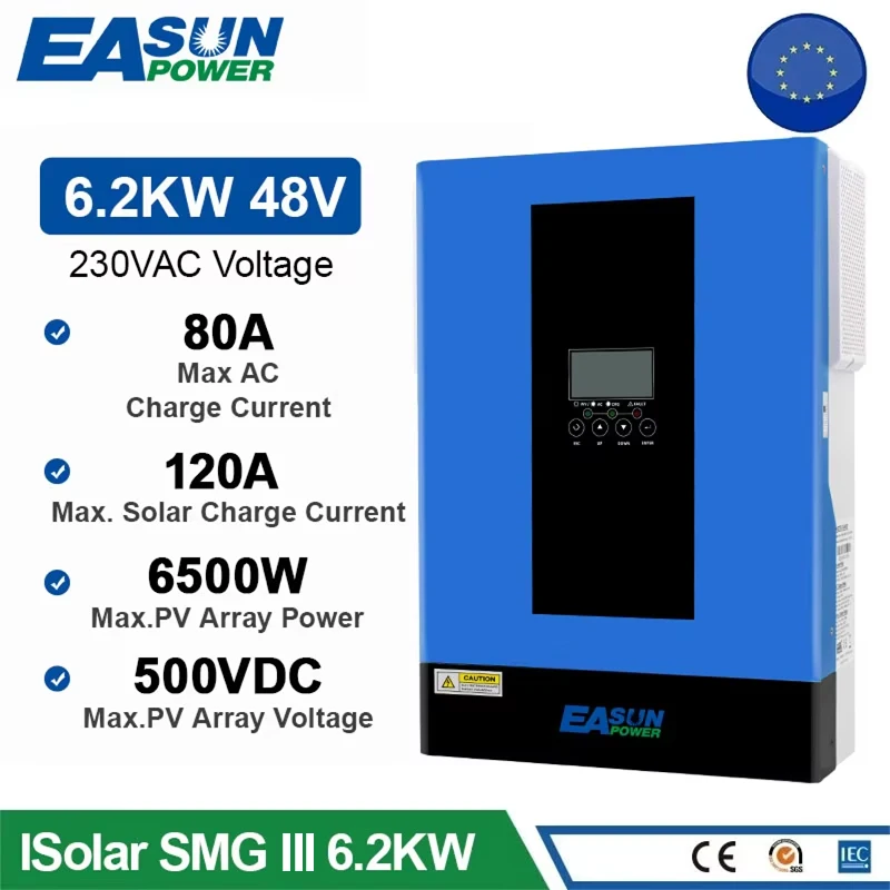EASUN POWER Hybrid Solar Inverter 6200W 48V Pure Sine Wave Inverter 80A MPPT Solar Charge Controller for PV Solar Panel Dropship