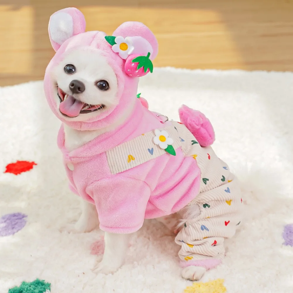 Costume da orso rosa Abbigliamento invernale per cani di piccola taglia Morbida flanella con stampa a cuore Tuta per gatti Traspirante a quattro gambe Abbigliamento maltese
