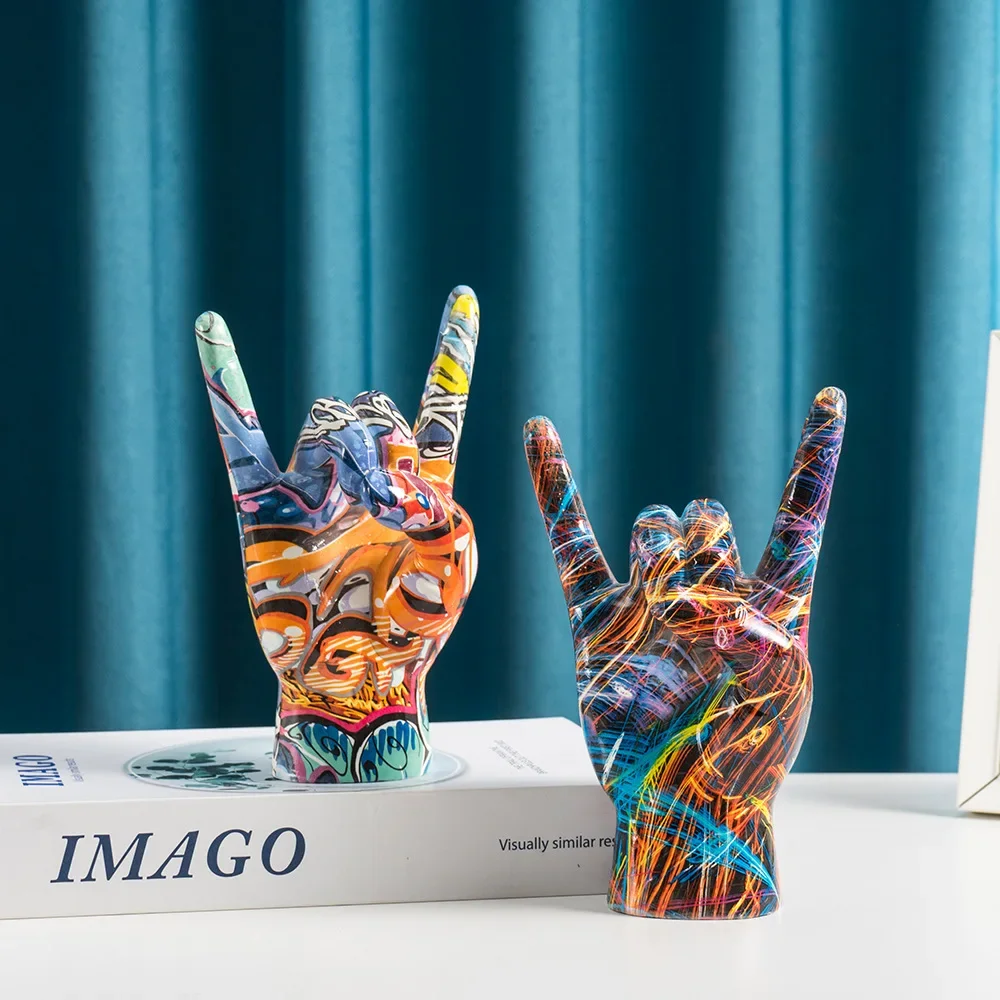 Hand Gesture Statue Graffiti Hand Sculpture Rock and Roll Gesture Figurines for Home Decoration Modern Pop Art Music Fans Gifts