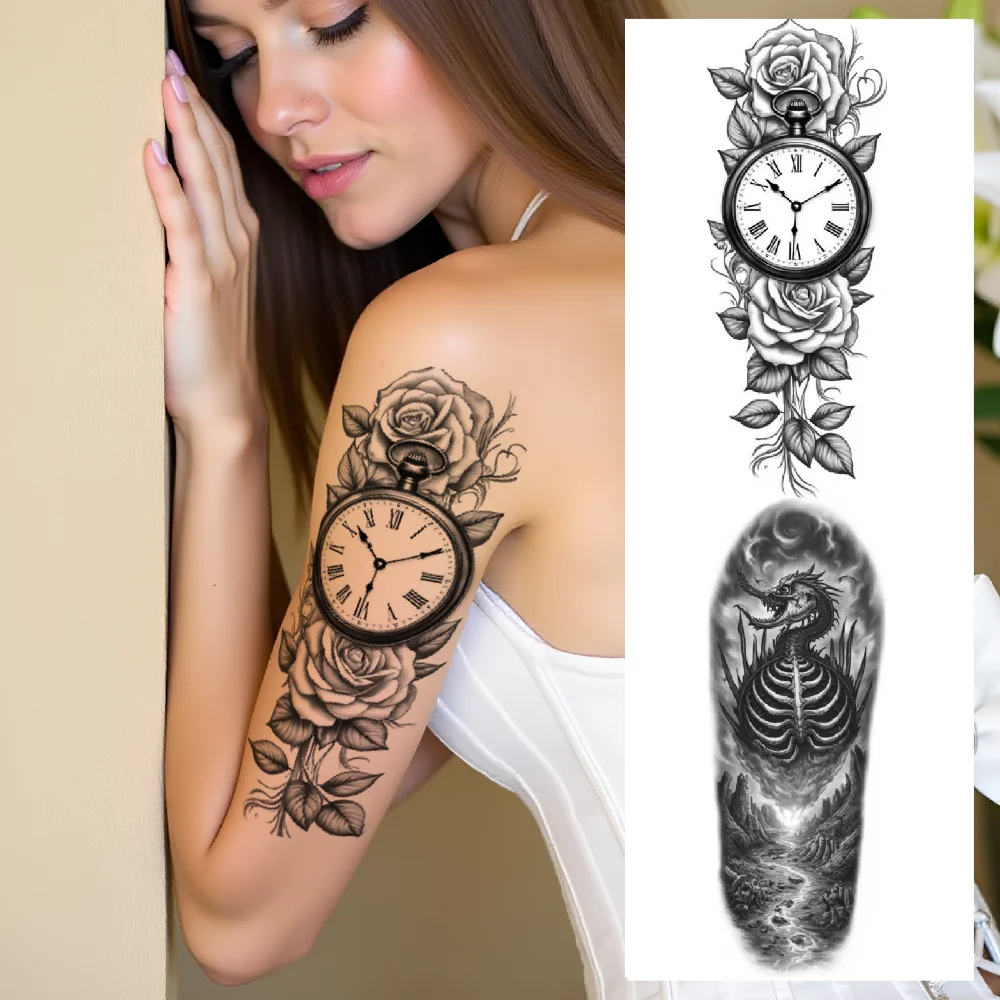 

3pcs Temporary Tattoo Floating Skull With Landscape Waterproof Long-lasting Body Stickers Cityscape Tattoo Clock And Roses For