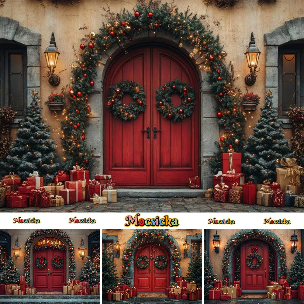 Mocsicka Photography Background Christmas Tree Red Wooden Door Gift Decoration Kid Holiday Portrait Photo Background Studio Prop