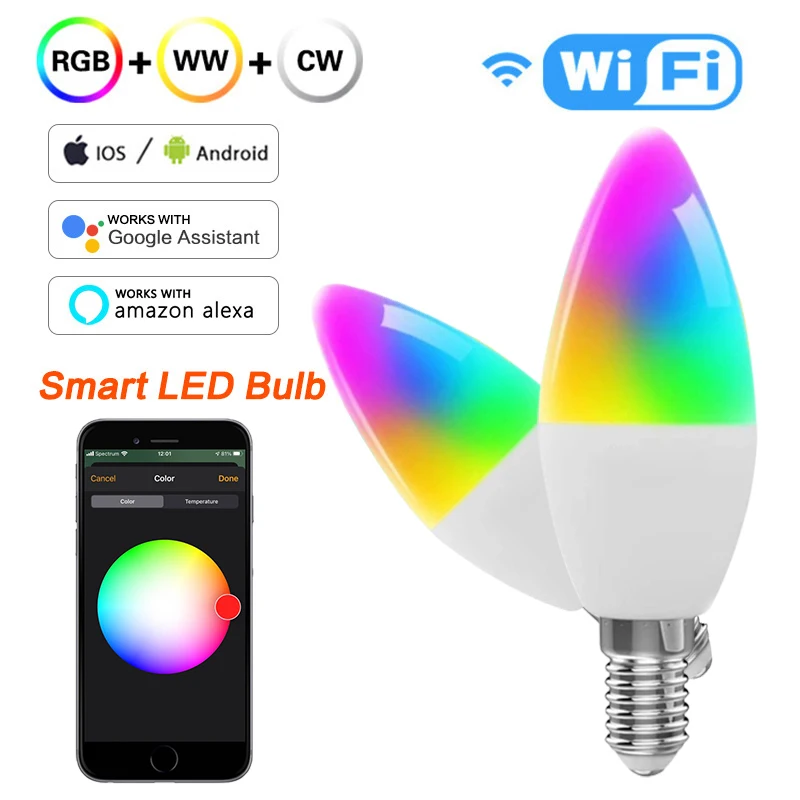 HomeKit Candle Light WiFi Smart Dimmable RGBCW E12 E14 LED Bulbs APP Siri Alexa Google SmartThings Voice Control Discoloration