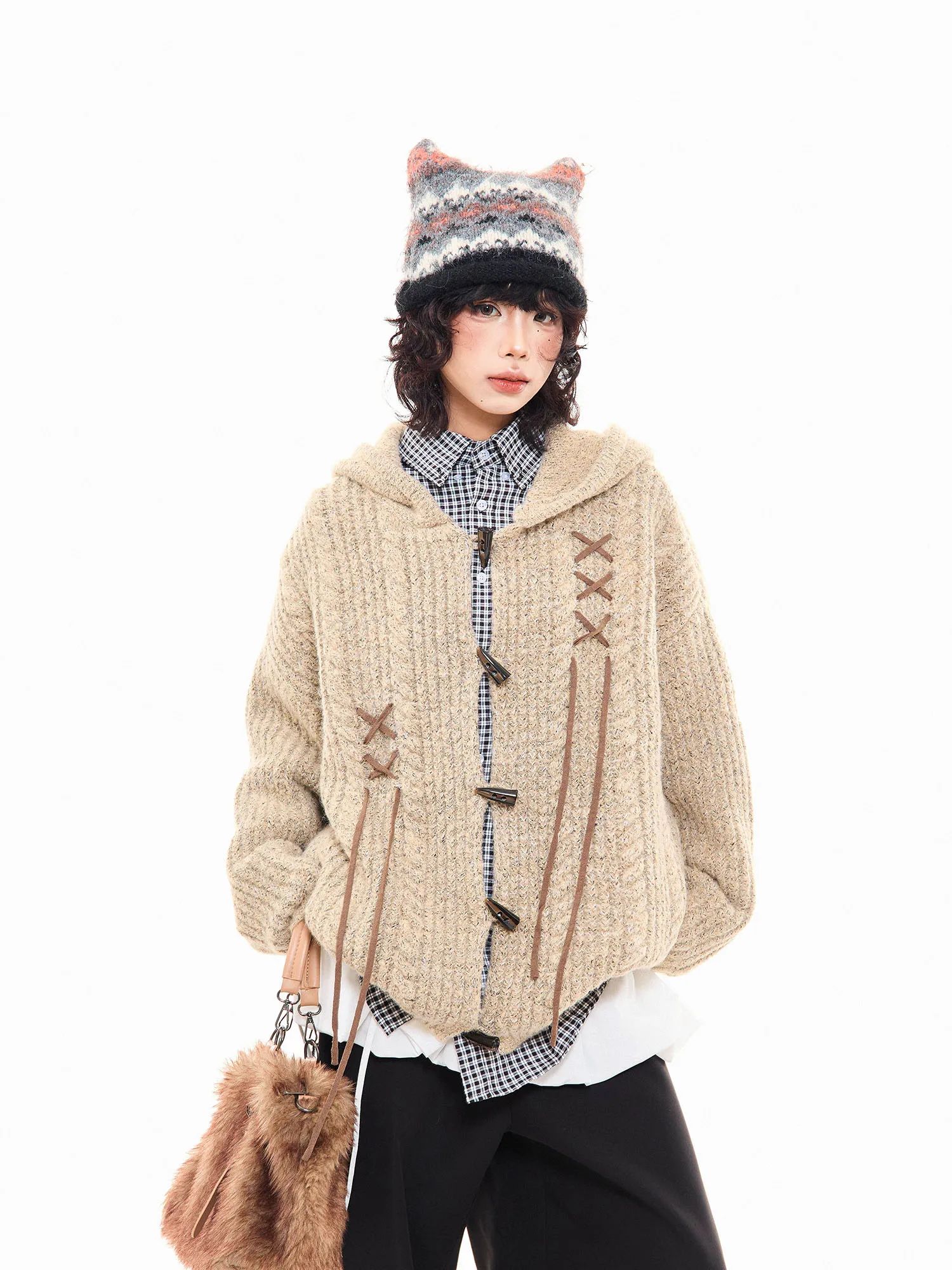 MIKYO Amerikaanse retro gedraaide gebreide muts konijnenoor hoodie dames herfst luie sle knop vest jas casual comfortabel