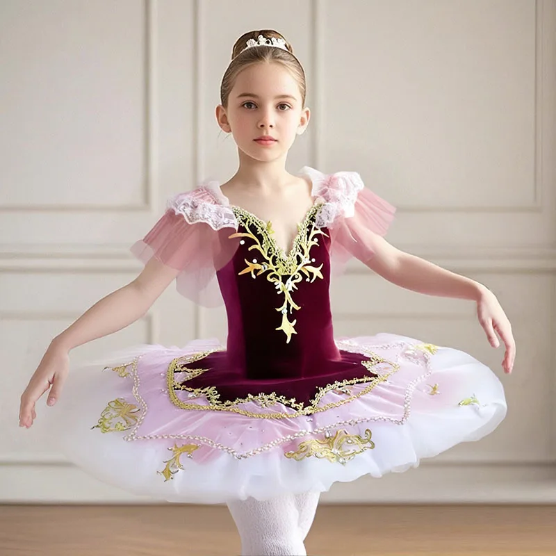 ピンク子供社交服スパンコールフラワーチュチュバレエドレス女の子のためのモダンダンスチュチュドレス女の子バレエプリンセスドレス