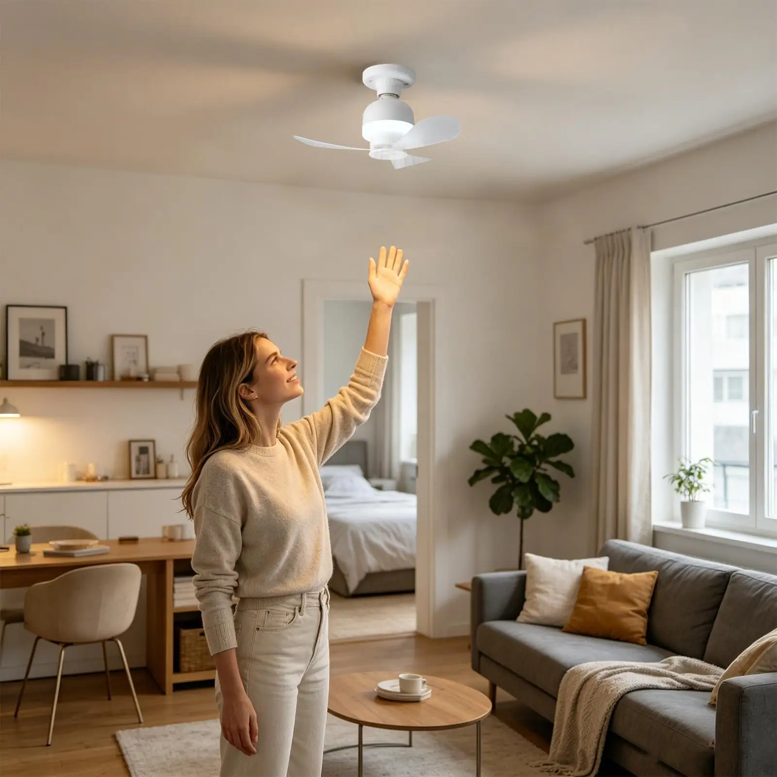Ceiling Fan with Light 28cm Quiet Wind Blower 85-265V Kitchen Ceiling Fan for Balcony Patio Porch Garage Bedroom Living Room