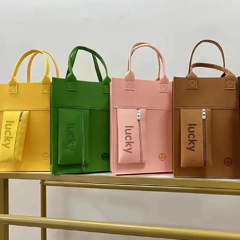 New Arrival Thickened Felt Solid Color Tote Student Handbag Large Capacity Reusable Shopping Handheld Zipper A4 Size Study Bag