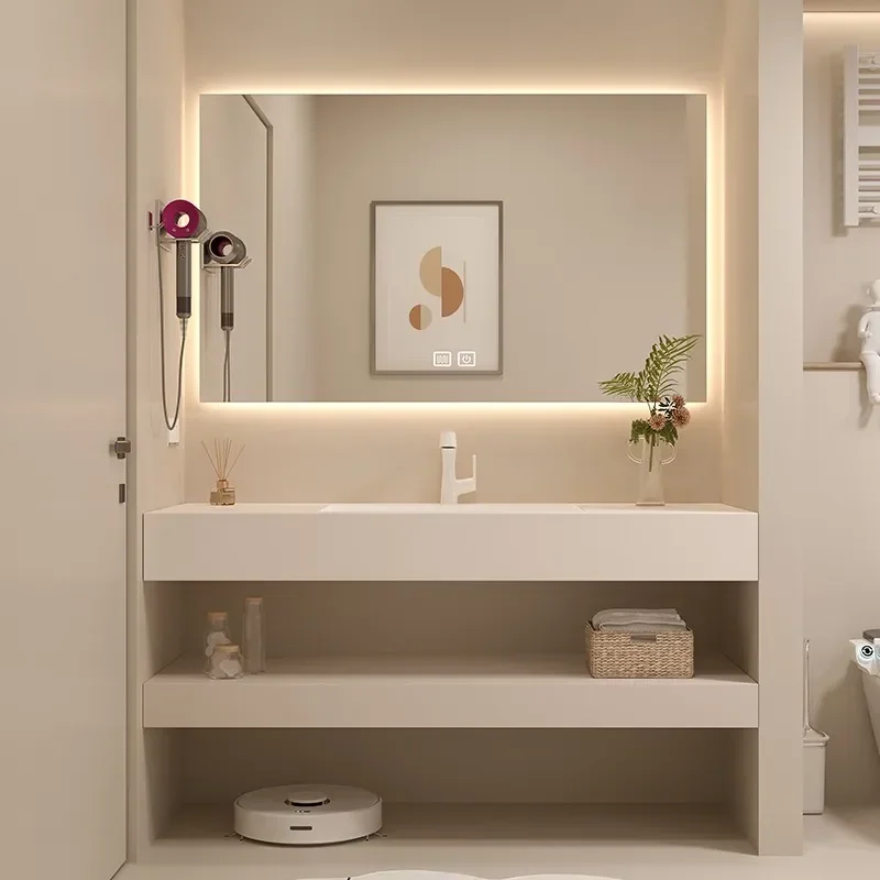

ltSlate double-layer washbasin bathroom cabinet combination seamless ceramic basin cream wind bathroom cabinet