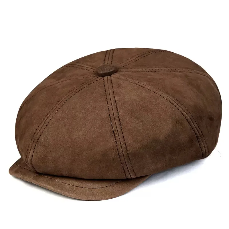 Leather Hat Beret Men Autumn British Retro Cowhide Octagonal Hat  Winter Newsboy Painter Cap Coffee Boina Hombre