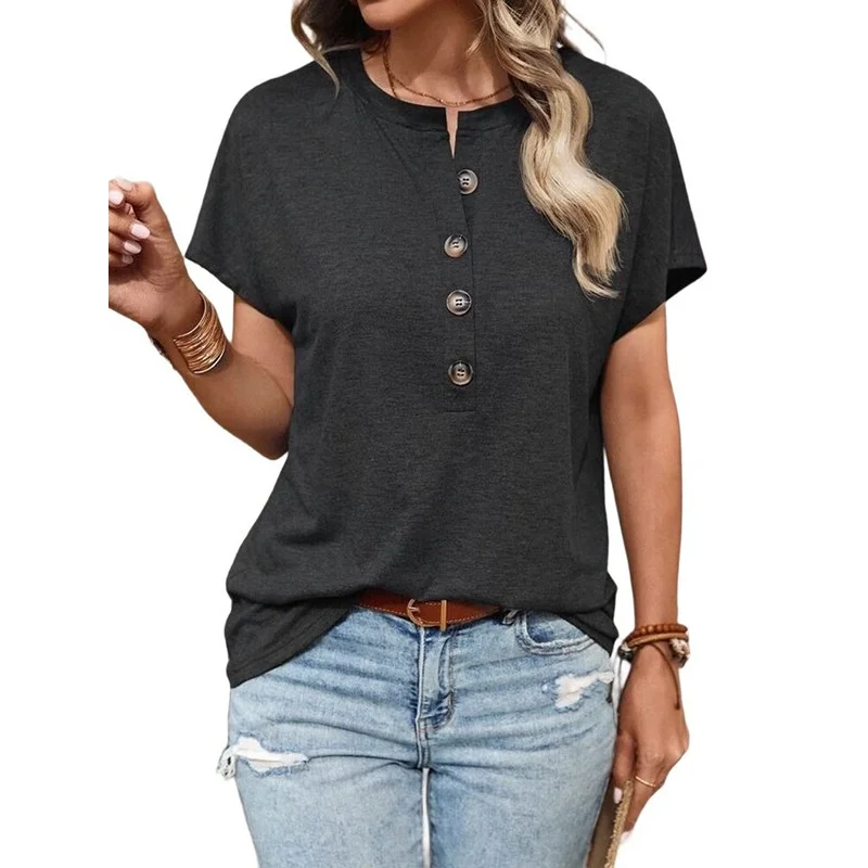 

AU13-Womens Short Sleeve Henley Tops V Neck Dressy Casual Loose Fit Shirts