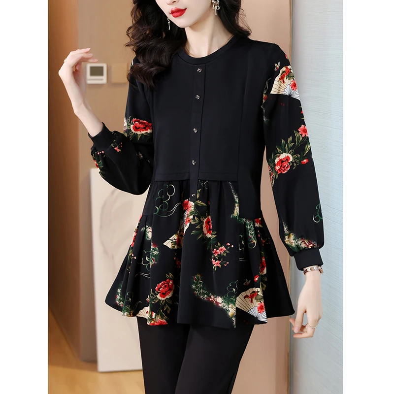 Women Korean Fashion Print Patchwork Blouse Vintage Elegant Long Sleeve Shirts Casual Slim Tunic Tops 2024 Spring Autumn Blusas