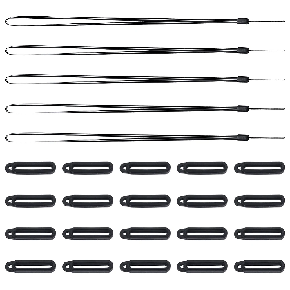1 Box 40PCS Black Anti-Lost Rubber Rings Holder Set Includes 30PCS 16mm Anti-Loss Pendant Ring 10PCS Necklace Strap String
