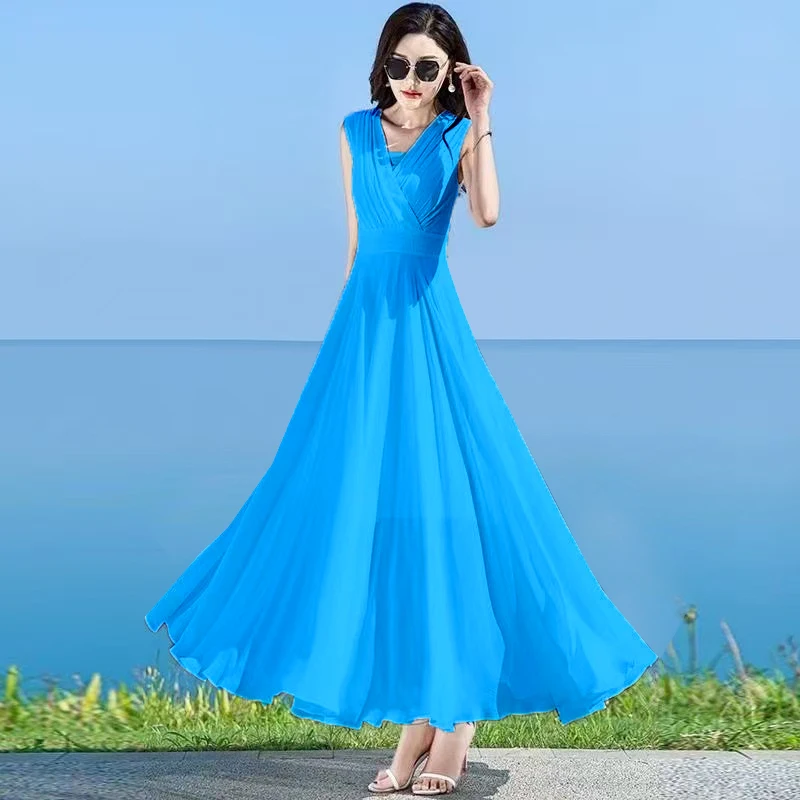 Abito estivo bianco da donna Abito lungo da spiaggia in chiffon Boho senza maniche con scollo a V Abiti da sera da ballo a trapezio