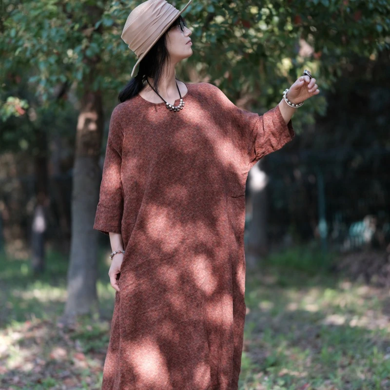 

Женское повседневное хлопковое платье большого размера, новинка весны 2024, винтажный стиль, свободные удобные женские длинные платья с круглым вырезом и принтом M909