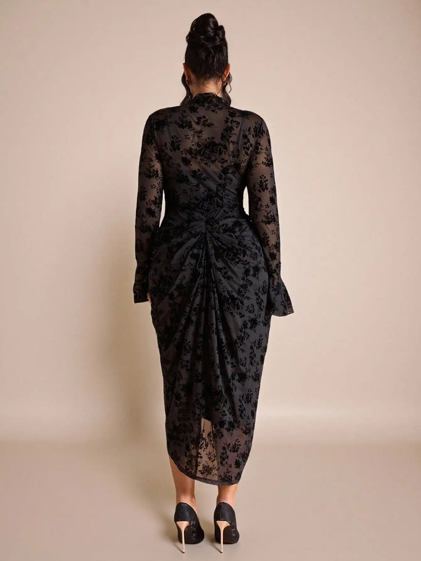 Plus Size Damen Frühherbst Flocked Flared Sleeve Stehkragen Split Plissee Kleid/Hochzeitsgast Kleid Damen,Hochzeit