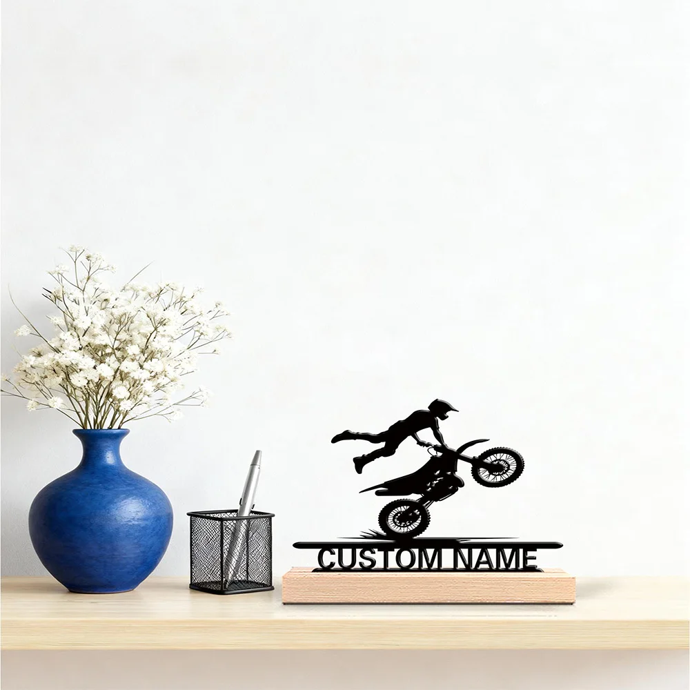 1pc Simple A speeding motorcycle Customized Letter Metal Statue Metal Ornament Iron Sculpture With Wood Base Art Figurine With