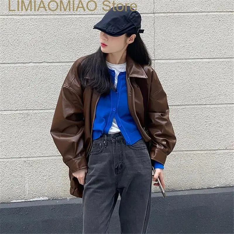 New Coat Female Spring and Autumn Solid Color PU Leather Jacket Lapel Zipper Pocket Loose Short Top Fashion Women Clothing